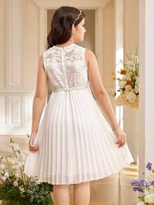 SHEIN Tween Girl Spring/Summer Elegant Lace Patchwork Pleated Dress Tween Girl - White - View 4