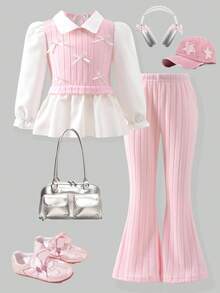 Elladie kids 女童休闲衬衫套装，白色蝴蝶结装饰，粉色针织罗纹面料拼布，白色长袖翻领荷叶边下摆衬衫上衣搭配粉色休闲喇叭裤，2 件套，适合返校、休闲、时尚、甜美、可爱、女士日常外出和旅行摄影 - 彩色 - 查看 5