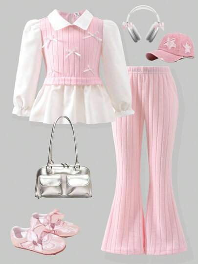 Elladie kids Conjunto de camisa casual para niñas, con decoración de lazo blanco, tela de punto acanalada rosa con parches, blusa de manga larga con cuello y volantes blancos, combinada con pantalones casuales acampanados rosas, conjunto de 2 piezas, adecuado para volver al colegio, uso casual, moda, dulce, lindo, salidas diarias y fotografía de viaje