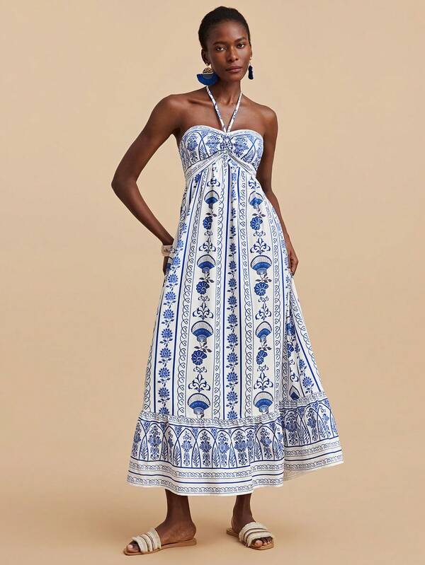 Travachic Women's Summer Bohemian Vacation Style Full-Print Blue & White Backless Tie-Front Dress