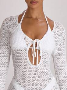 Musera Resort 钩针编织系带宽松罩衫迷你连衣裙泳装度假夏季旅行沙滩装基础款单身派对婚礼新娘单身派对纯色度假风 - 奶油色 - 查看 2