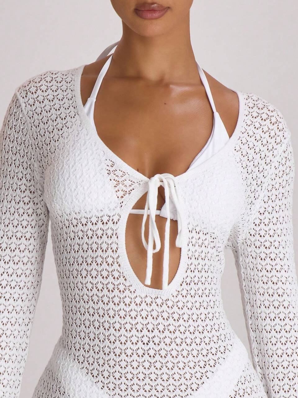 White Crochet Knit Tie Front Cover Up Mini Dress