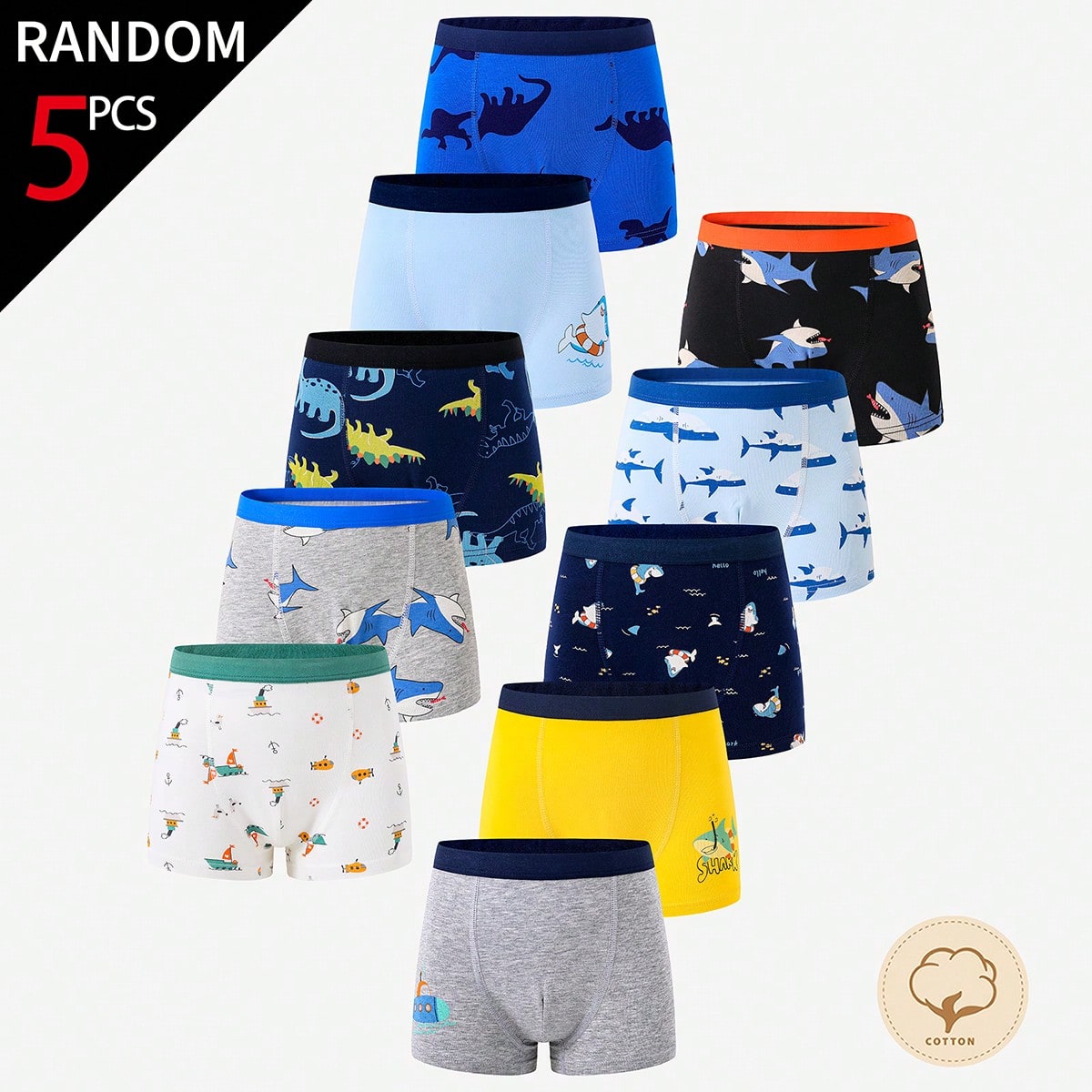 Paquete de 5 calzoncillos de algodón con estampados gráficos coloridos para niños pequeños, con diseños surtidos como tiburón, dinosaurio y otro