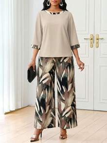 SHEIN Lady 大码撞色圆领休闲宽松七分袖百搭两件套阔腿裤套装上衣和裤子套装阔腿裤女士飘逸长裤女士端庄两件套女士端庄套装女士两件套优雅搭配女士休闲套装女士优雅时尚套装女士两件套 - 彩色 - 查看 4