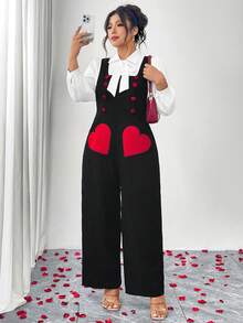 GlowEve CURVE Valentine DayPlus Size Women's Sleeveless Square Neck Corduroy Fabric Pocket Heart Decor Contrast Color Mushroom Button Jumpsuit, Elegant & Romantic For Autumn/Winter Date - Black - View 5