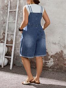 EMERY ROSE 大码女式带口袋纽扣休闲百搭日常牛仔背带短裤 - 藍色 - 查看 2
