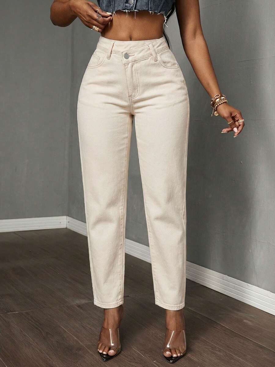 Slaydiva Quần jean denim trơn màu cỡ lớn kiểu dáng thường ngày - Màu be - Xem 1