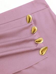 Sweetra 大码女式二合一金属扣装饰西装裤，修身显瘦，优雅百搭，适合工作和休闲场合，直筒裤型，秋冬款 - 藕粉色 - 查看 3