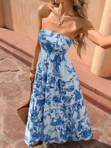 Flora Isola Flora Isola Women's Spring/Summer Outfit: Exquisite And Elegant Resort Style Floral Print Strapless Dress With Gathered Waist And Full Skirt - Blue - View 5