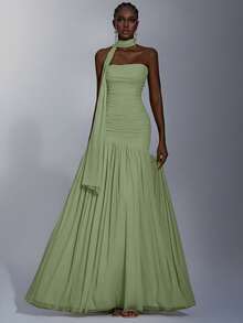 Elitara 优雅薄荷绿极简主义高弹网纱无肩带褶皱腰A字连衣裙，适合约会、单身派对、婚礼、正式场合 - 綠色 - 查看 4