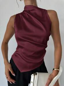 Firerie 女士简约优雅时尚办公室白色无袖褶皱领尖下摆缎面衬衫 - 紫紅色 - 查看 2