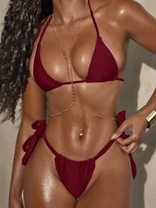 Swim SXY Set Pakaian Renang Wanita Model Brad Style Seksi dengan Cup Mini dan Tali Simpul Pita - Burgundy - View 4