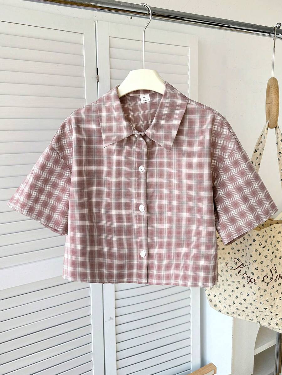 SHEIN 少女休闲日常复古格子短袖衬衫 - 粉色 - 查看 1