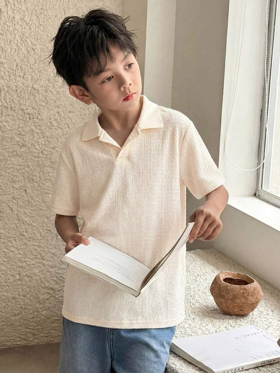 SHEIN Little Byeori Tween Boy Collared Solid Color Short Sleeve Polo Shirt,Kids - Apricot - View 1