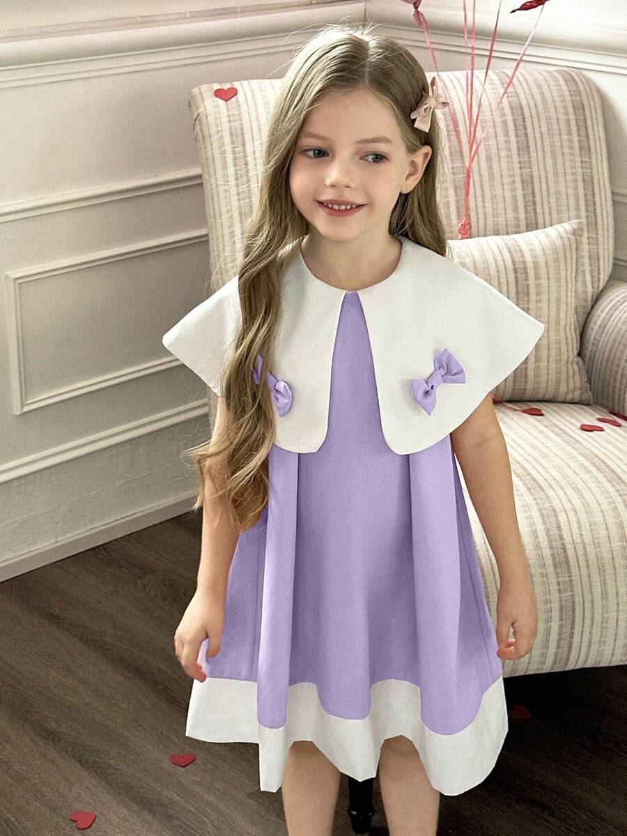 Elladie kids Young Girls White Collar Bow Design Loose A-Line Dress - Mauve Purple - View 1
