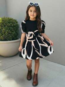 SHEIN 女童针织拼接几何图案休闲连衣裙 - 黑色 - 查看 3