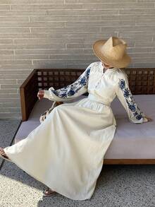 Livesso Women's Raglan Sleeve Printed Waist Cinched Midi Dress, Suitable For Summer Vacation - Beige - View 6