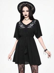 ROMWE Goth Women's Elegant Embroidered Short Sleeve Waist Cinched Mini Dress - Black - View 5