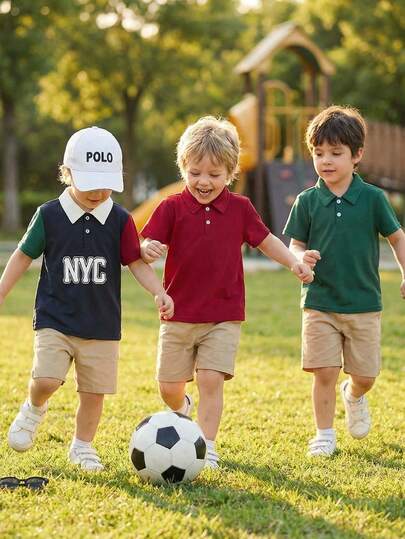 3件套男童休闲运动学院风印花图案Polo衫套装，适合儿童穿着，男童服装，返校季，日常穿着，运动，春夏款