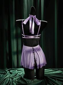 SpicyHot 3pcs Set: Lace Hollow-Out Underwire Sexy Nightgown + G-String + Eye Mask - Purple - View 7