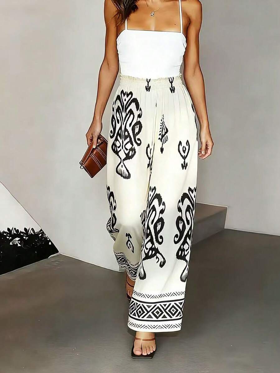 SHEIN Holidaya Women's Printed Wide Leg Pants, Loose Fit, Elegant & Versatile, Suitable For Vacation And Daily Wear, Spring/Summer - Beige - View 1