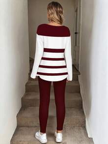 EMERY ROSE 2pcs/Set Women Plus Size Red Striped Long Sleeve T-Shirt And Leggings Set, Autumn/Winter - Multicolor - View 2