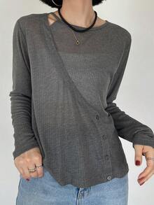 FRIFUL Women's Loose Fit Crew Neck Criss-Cross Wrap Long Sleeve Semi-Sheer T-Shirt, Suitable From Spring To Summer - Black - View 6