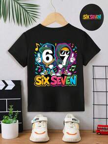 SHEIN Explorewe 男童休闲时尚创意个性清新简约酷炫数字67卡通人物音乐符号图案字母标语印花基础款短袖T恤，舒适日常穿着，适合春、夏、秋季穿着。 - 黑色 - 查看 4