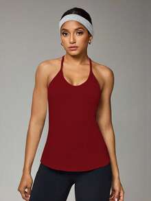 Easithlete 女式纯色日常健身挂脖背心 - 紅色 - 查看 3