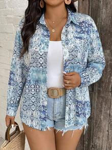 SHEIN VCAY 早春新款波西米亚风大码女式优雅蓝色花卉拼接衬衫，适合春季、节日、假日、商务休闲等场合，尽显优雅气质。 - 藍色 - 查看 1
