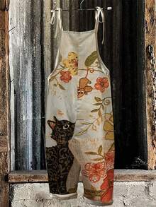 EMERY ROSE Bộ áo liền quần dáng rộng cho nữ với họa tiết mèo dễ thương và in 3D, kiểu dáng thời trang và thoải mái. - Màu vàng - Xem 2