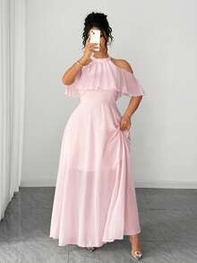 Elenzga Pink Woven Fabric Halter Neck Cold Shoulder Flared Long Dress With Zipper Details - Pink - View 8