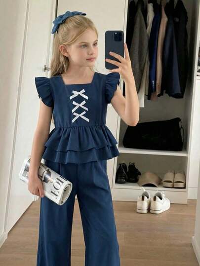 SHEIN 2pcs/Set Tween GirlsBlue Bow Decor Shirt Top And Wide Leg Pants