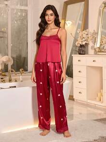 LuxeNights Women's Heart Striped Print Lace Trim Pajama Set - Red - View 4