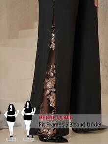 SHEIN PETITE CURVE CURVE 大尺碼女款小個子黑色優雅高腰寬腿褲，蕾絲透視拼接側開衩，秋季辦公儀式派對休閒褲 - 黑色 - 查看 3