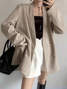FRIFUL Women's Striped V-Neck Double-Breasted Metal Button Loose Casual Versatile Spring Blazer - Khaki - View 4
