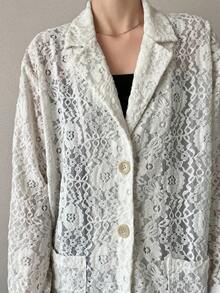 FRIFUL Women's Floral Lace Lapel NeckLong Sleeve Single-Breasted Elegant Blazer - White - View 6