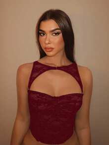 SHEIN BAE 音乐节假日黑色可拆卸束身胸衣上装，演唱会服装 - 酒紅色 - 查看 6