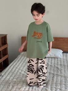 Dazy Kids Tween Boy Tiger Print Short Sleeve Top & Full Print Pants Pajama Set - Green - View 3