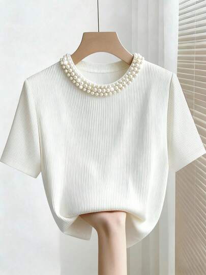 INAWLY Elegant Fitted Round Neck Beaded Ribbed Short Sleeve Women T-Shirt