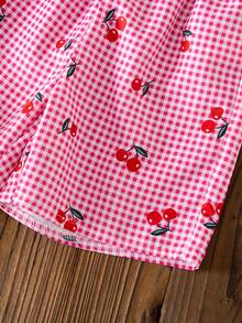 Young Girl Summer Casual Plaid Cherry Print Camisole And Shorts Set - Hot Pink - View 9
