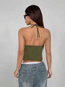 StreetHx Women's Casual Striped Halter Neck Tie-Up Sleeveless Top, Summer - Mint Green - View 2