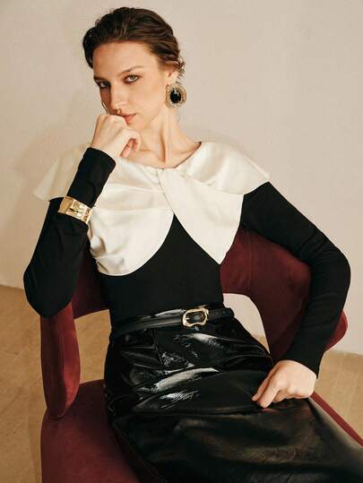 Arave Women's Black High-Elastic Knit Slim Fit Off-Shoulder Satin Trim Neckline With Button Knot Design - Elegant Date Top Valentine Outfits For Women Valentine's Day Black Top Valentine's Day  Black Top  Spring Clothing