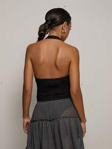 COUREZ Halter Neck Zip Up Denim Top /Y2K Spring Clothes For Women Cute Sexy Black Tops Going Out Party Rave Outfits Summer Tops Summer Outfits - Black - View 3