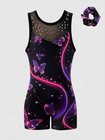 Young Girls Colorful Printed Sleeveless Leotard, Fashion Multicolor Dancewear For Young Girl, Soft & Skin-Friendly, Suitable For Gymnastics, Ballet, Yoga