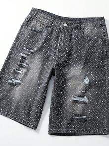 ROMWE MEN Street Life 男士水钻印花口袋休闲牛仔短裤 - 黑色 - 查看 5