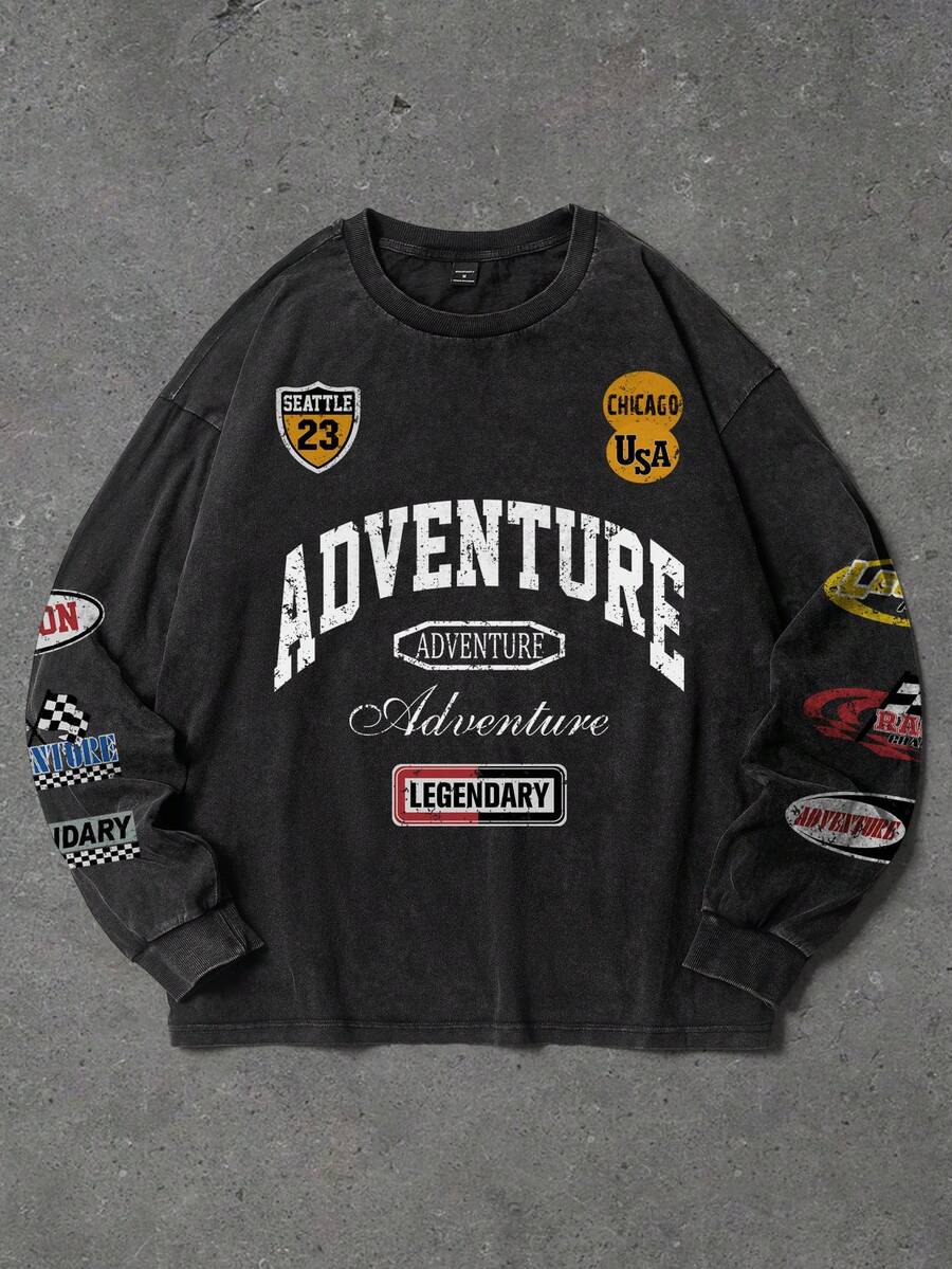 Manfinity EMRG 男士休闲字母图案圆领长袖T恤，秋季款 - 黑色 - 查看 1