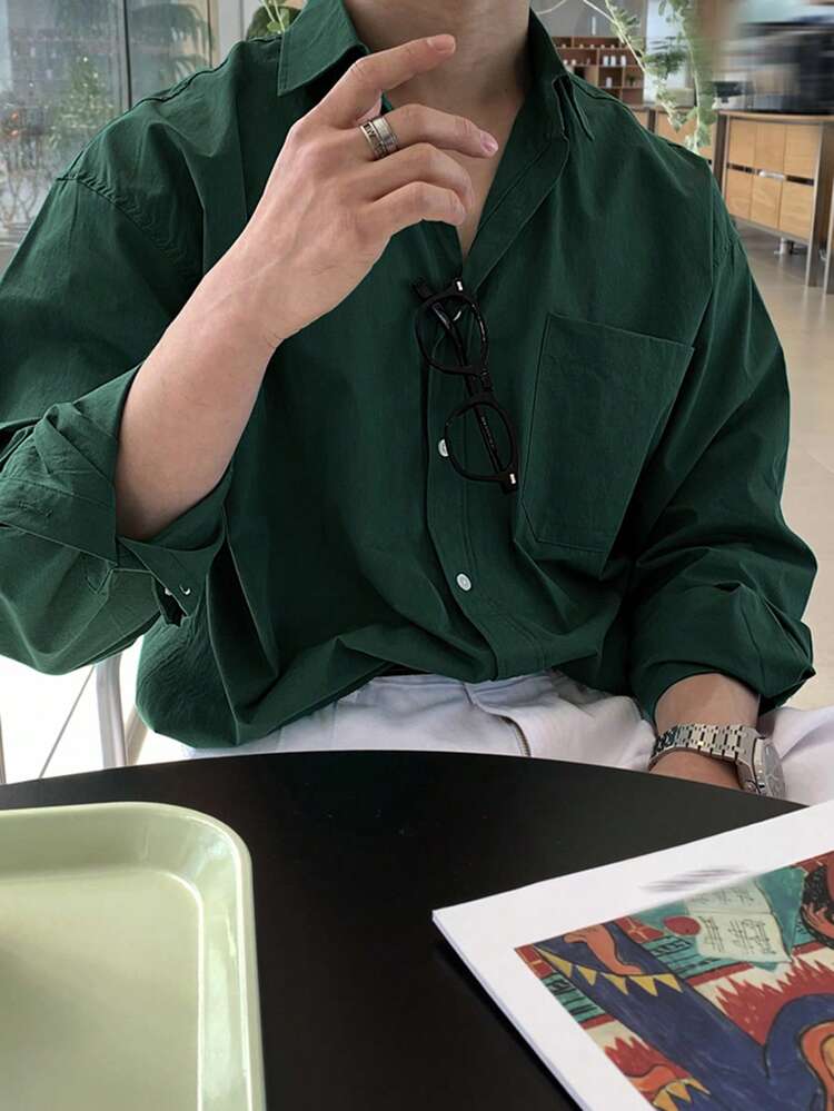 Men's Green Button-Front Casual Versatile Long Sleeve Shirt, Spring