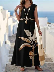 EMERY ROSE 女士休闲无袖V领波西米亚风沙滩长裙，黑白复古热带植物和斑马纹印花，开衩设计，梭织面料，完美适合春夏、西部风情节日和海岛女孩风格。 - 彩色 - 查看 7