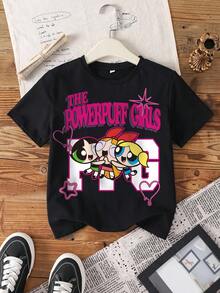 THE POWERPUFF GIRLS X SHEIN Tween Girl Casual Everyday Versatile Cute Cartoon Letter Graphic Short Sleeve Black T-Shirt, Summer - White - View 1